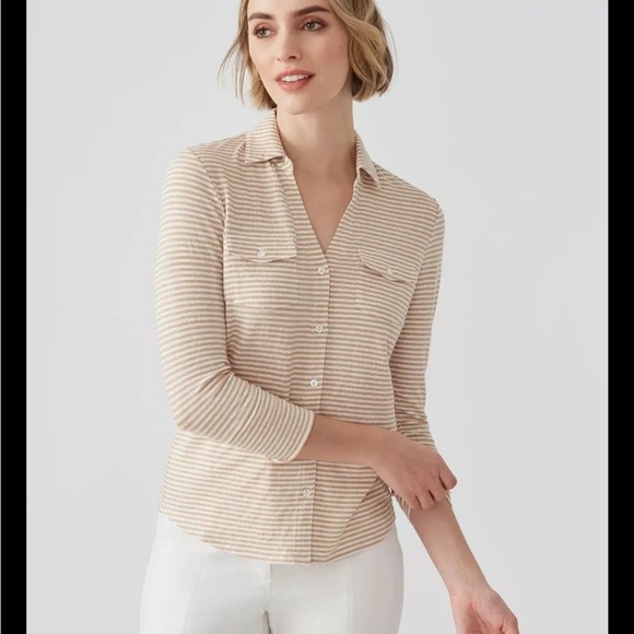 J. McLaughlin Brynn Linen Tan Striped Shirt XL - Picture 2 of 9